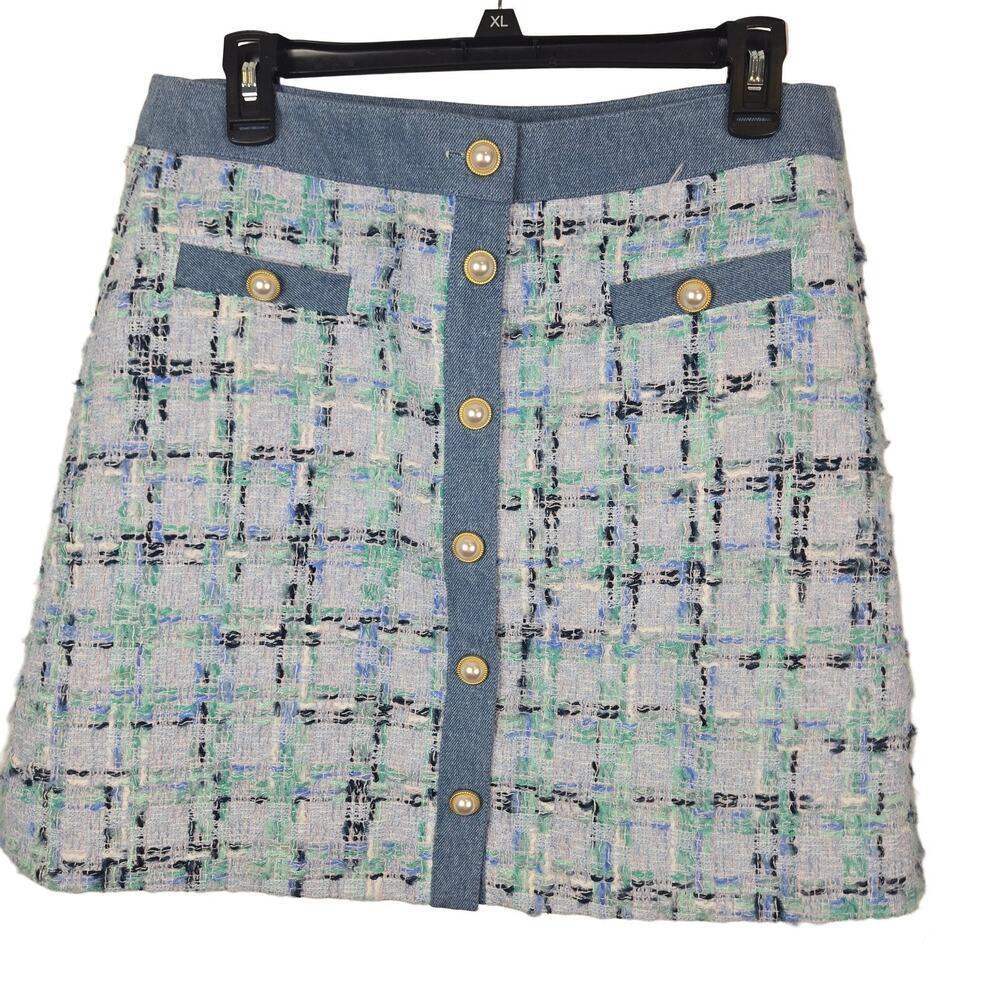 nanette LEPORE Tweed Mini Skirt Pearl Buttons Denim Trim M Light Blue Green Navy